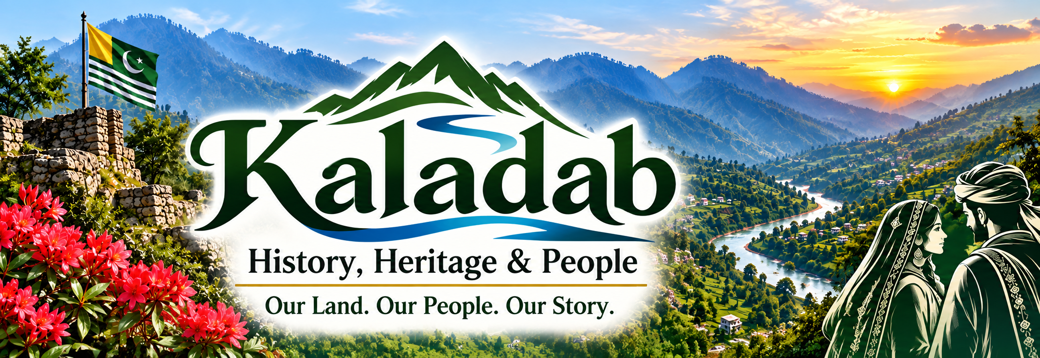 Kaladab identity artwork showing mountains, valley, flag, and people