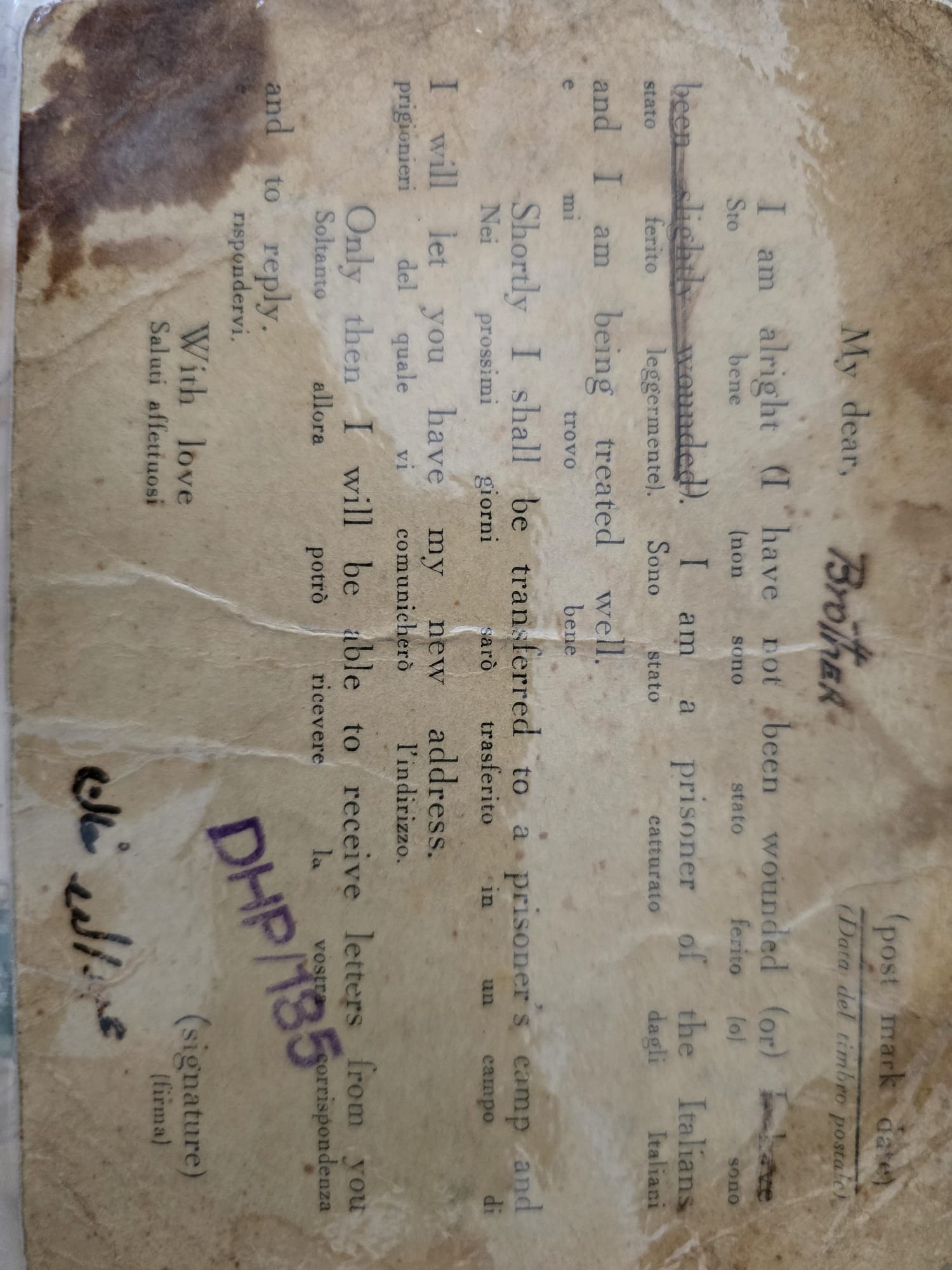 Printed prisoner-of-war reply card; date not confirmed