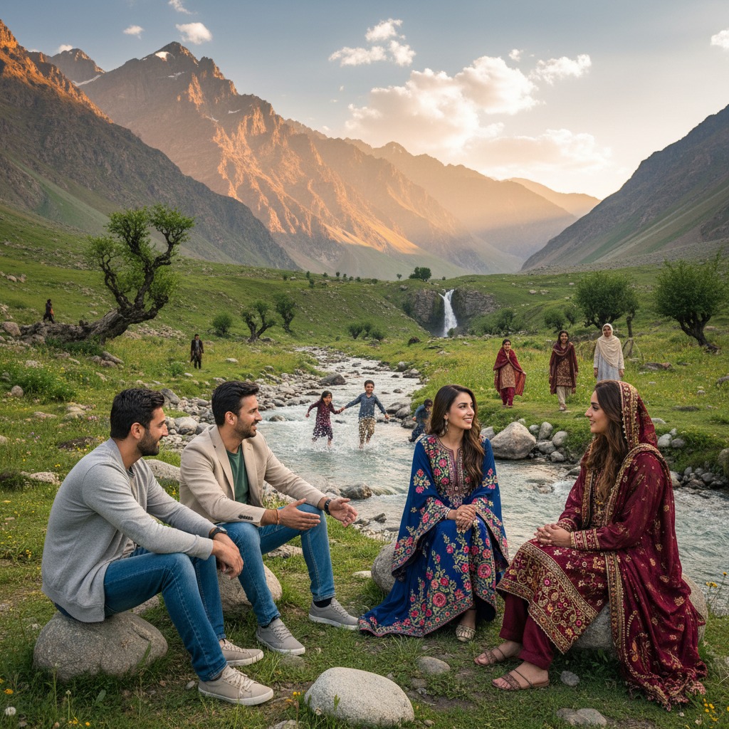Two couples sit on rocks by a mountain stream in a lush green valley while children play in the water and jagged peaks rise in the background.